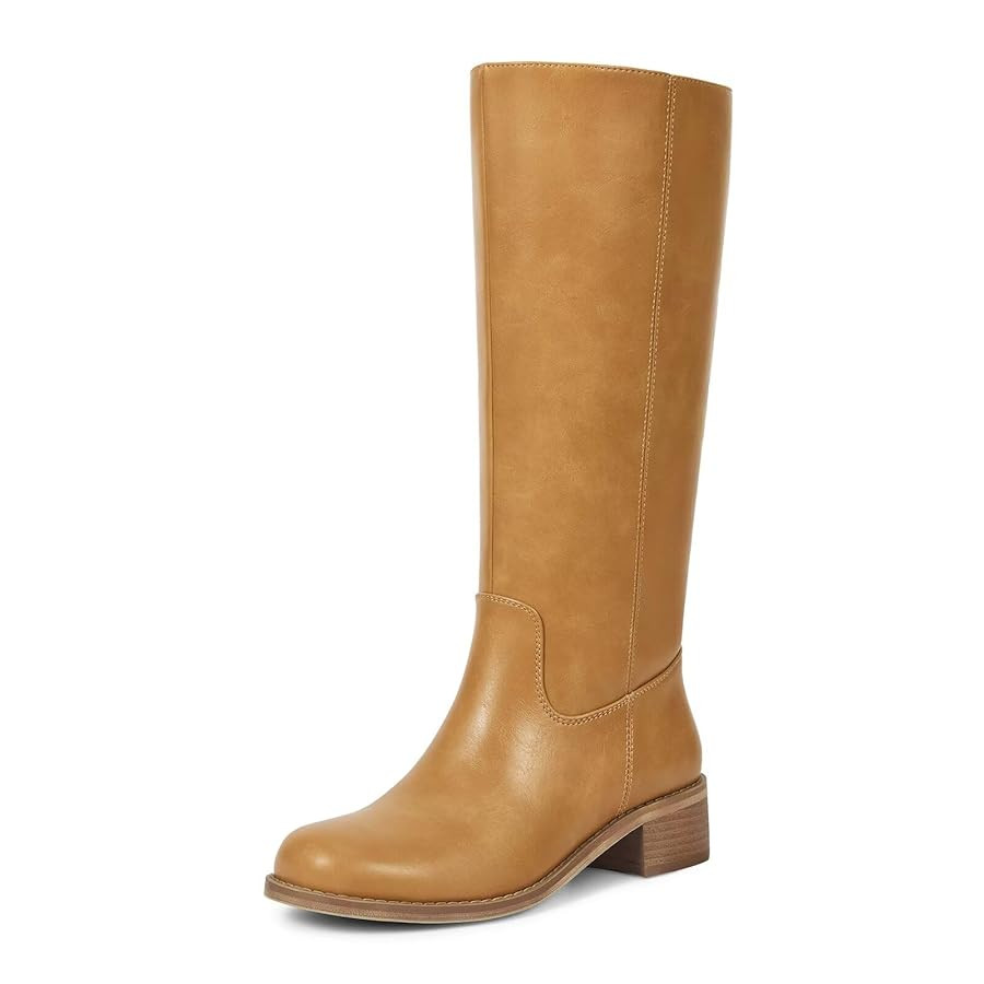 ISNOM Knee High Boots for Women Round Toe Chunky Block Riding Tall Boots with Side Zipper and Low... | Amazon (US)
