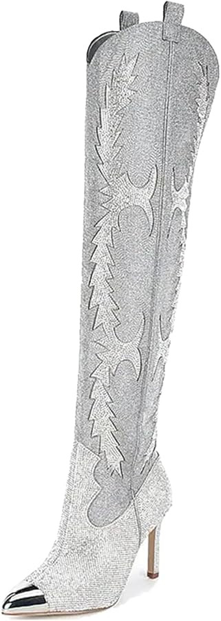 CKSNDLF Women's Western Cowboy Thigh High Boot Rhinestones Cowgirl Boots Glitter Sparkly Boots Ov... | Amazon (US)