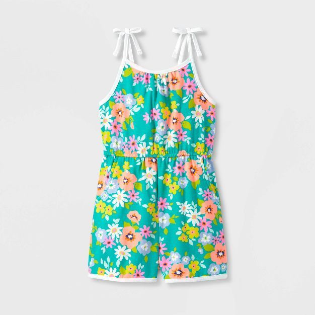 Toddler Girls' Floral Tank Top Romper - Cat & Jack™ Dark Mint | Target