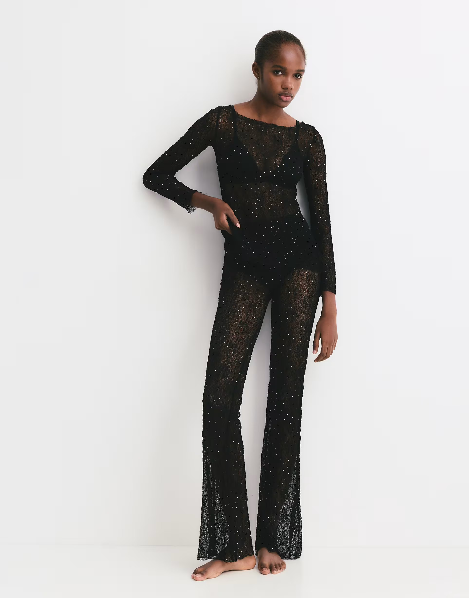 Pull&Bear Flared lace trousers with rhinestones in black | ASOS (Global)