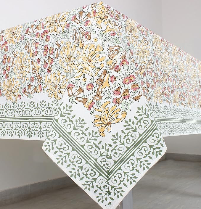 Ridhi Canary Yellow 100% Cotton Boho Rectangle Tablecloth, Handblock Print Floral Table Cloth Lin... | Amazon (US)