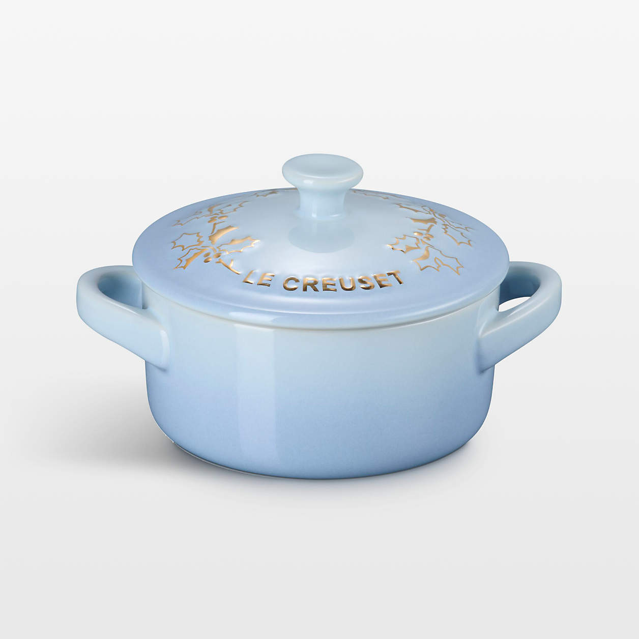 Le Creuset 8-oz. Coastal Blue Holly Stoneware Mini Round Cocotte with Gold Knob | Crate & Barrel | Crate & Barrel