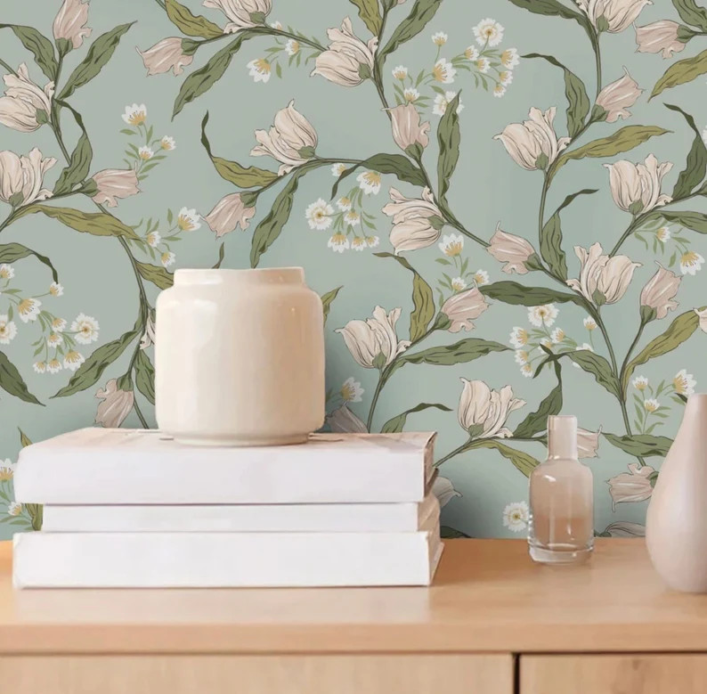 Pastel Tulip Floral Wallpaper _Removable Self adhesive Wallpaper. Vintage Floral Removable Peel a... | Etsy (US)