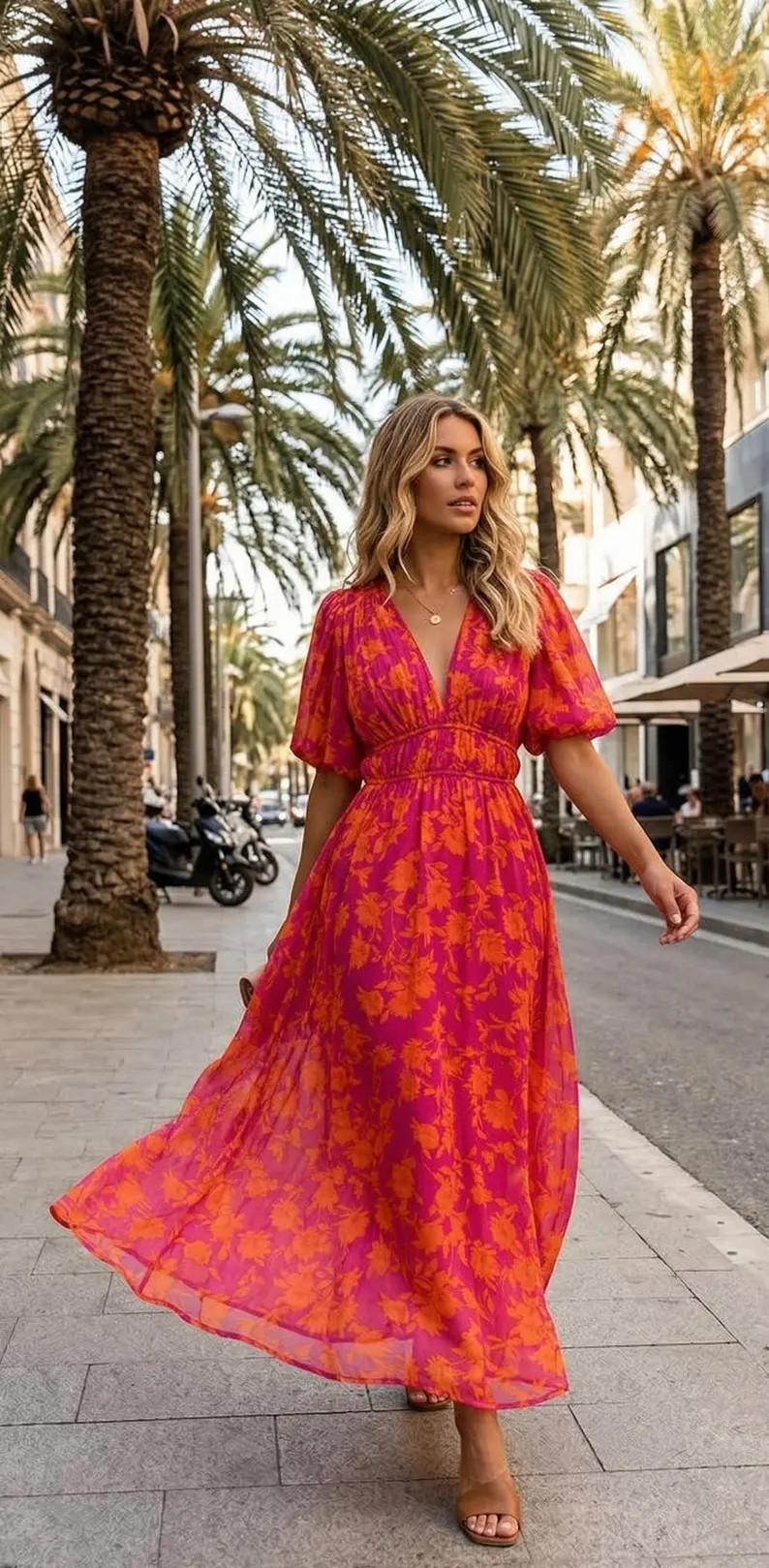 Pink and Orange Floral Maxi Dress, Summer Vacation V-Neck Puff Sleeve Gown, Vibrant Tropical Boho... | Etsy (US)