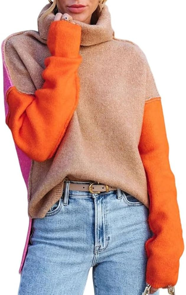 Dokotoo Womens Turtleneck Sweaters Casual Long Sleeve Color Block Side Slit Pullover Knit Jumper ... | Amazon (US)