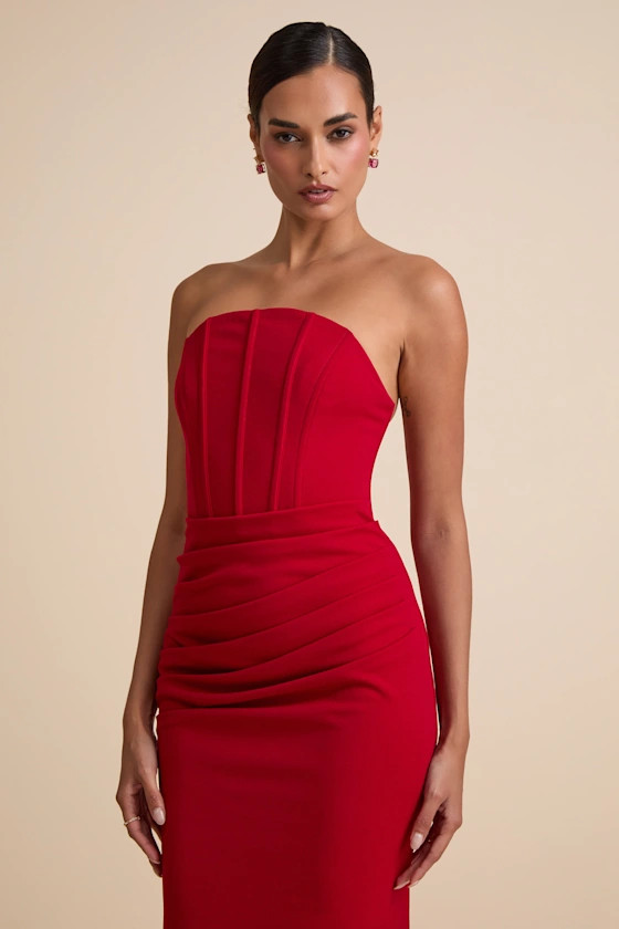Laney Red Strapless Corset Maxi Dress | Lulus