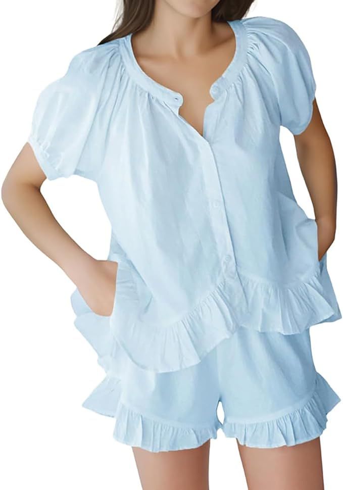 Womens Fashion Summer Short Sets Short Sleeve Button Down Ruffle Trim Top and Shorts Cotton Pajam... | Amazon (US)