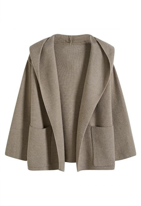 Gentle Open Front Hooded Ribbed Knit Cardigan in Taupe | Chicwish