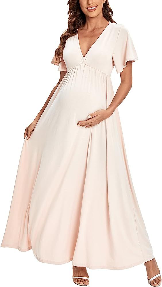 Ecavus Maternity Maxi Dress V Neck Bell Sleeve Casual Comfy Baby Shower Pregnancy Photoshoot Dresses | Amazon (US)