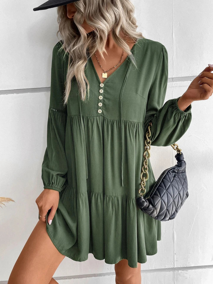 SHEIN LUNE Fake Button Ruffle Hem Smock Dress | SHEIN