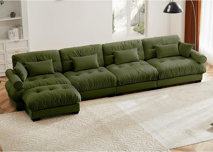 L-Shaped Convertible Cloud Sofa with Olive Green Vintage Velvet - Deep 4-Seater Modular Living Ro... | Amazon (US)