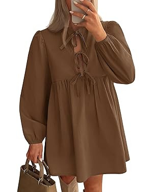 ZESICA Women's Dress Fall Long Puff Sleeve Self Tie Front Babydoll A Line Pleated Cute Mini Tunic... | Amazon (US)