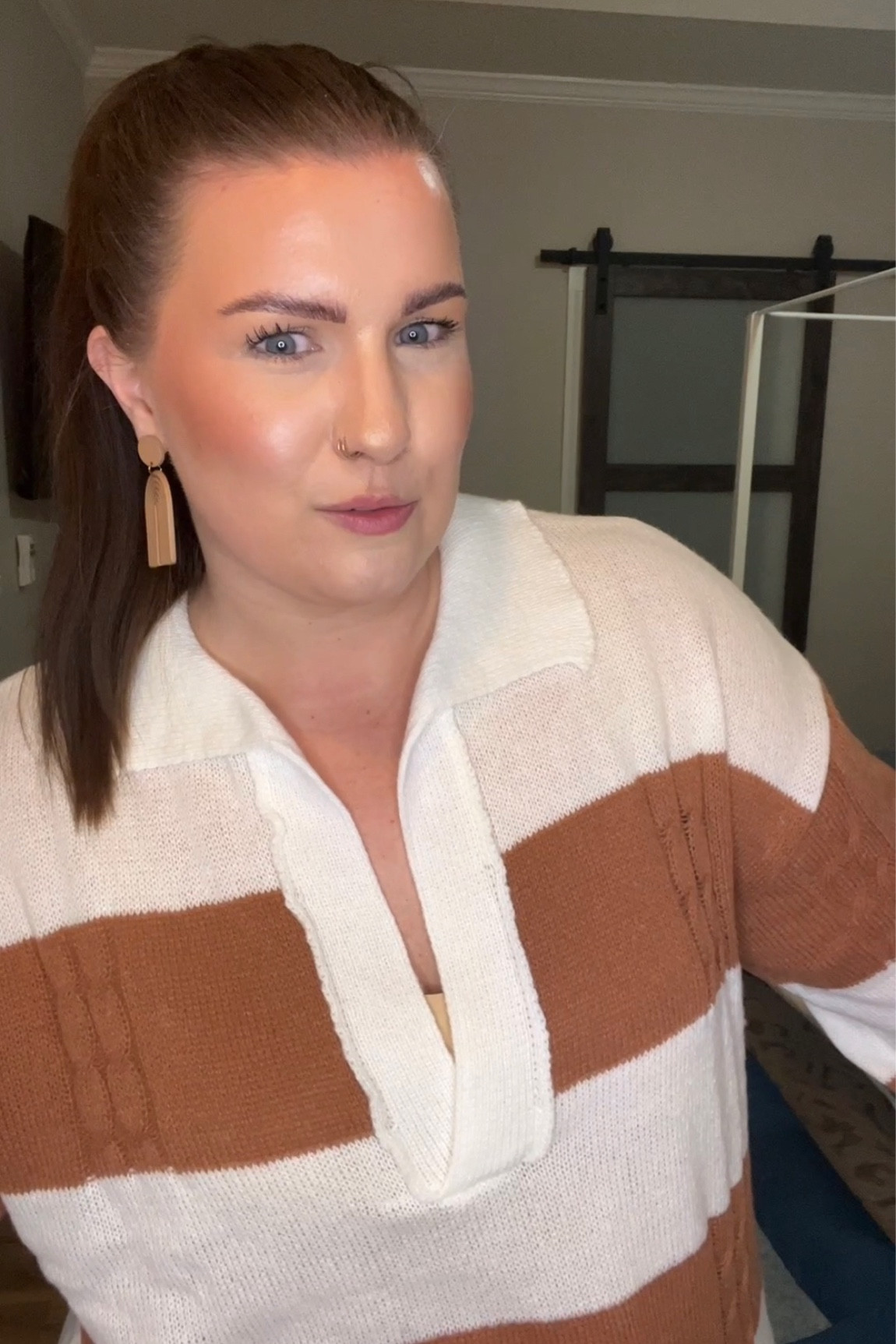 Soft brown and white striped sweater 