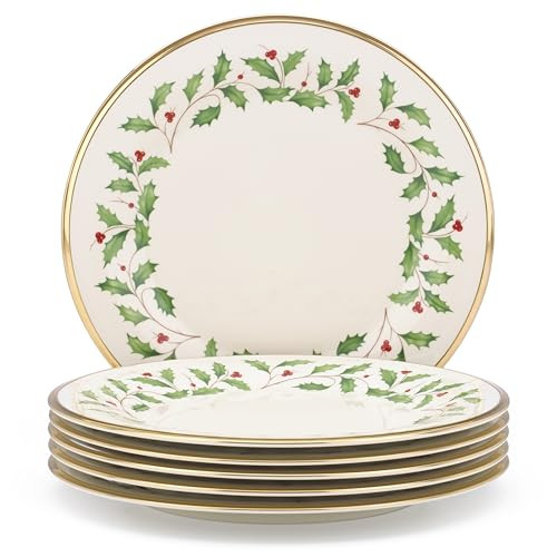 Lenox Holiday 6-Piece Dinner Plates Dinnerware Set, Service For 6, Porcelain, Dishwasher Safe, Round Plates Set, Holiday Red & Green, Perfect for Gatherings, Christmas Dinnerware (Ivory, 6 Piece) | Amazon (US)