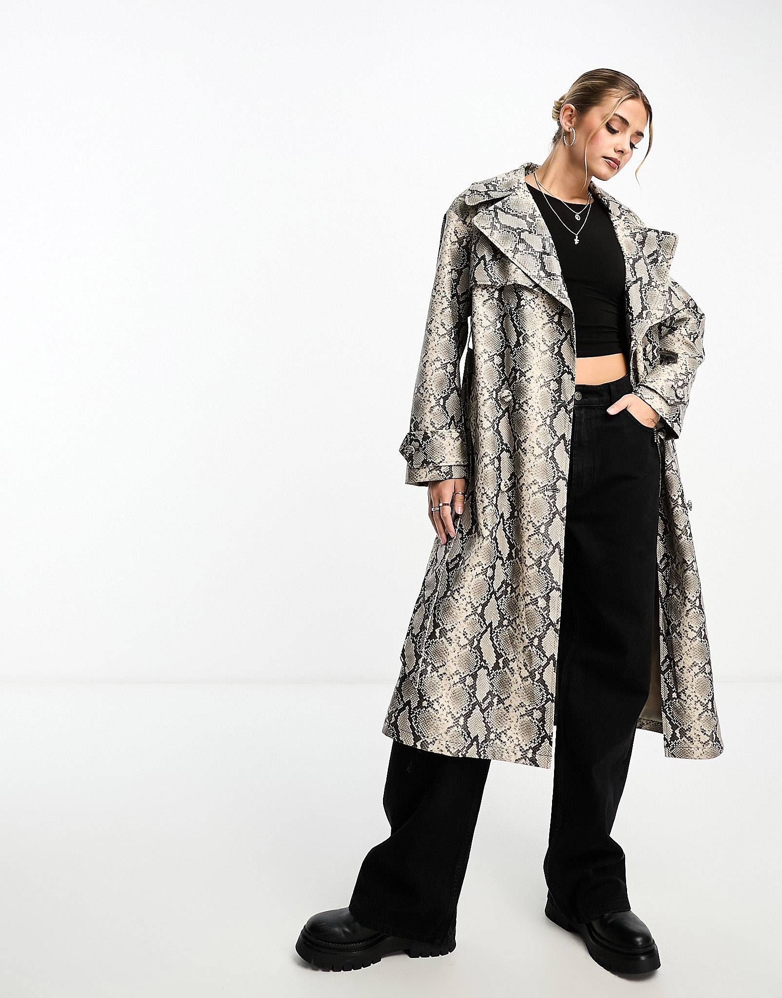 Miss Selfridge faux leather trench coat in snake print | ASOS (Global)
