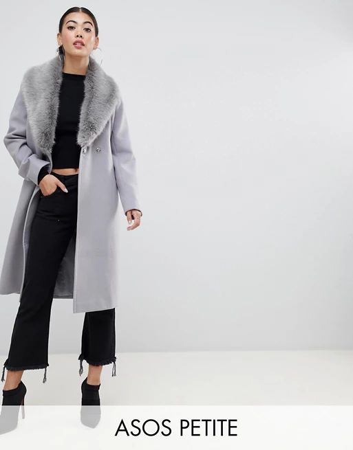 ASOS DESIGN Petite faux fur collar coat with tie belt | ASOS US