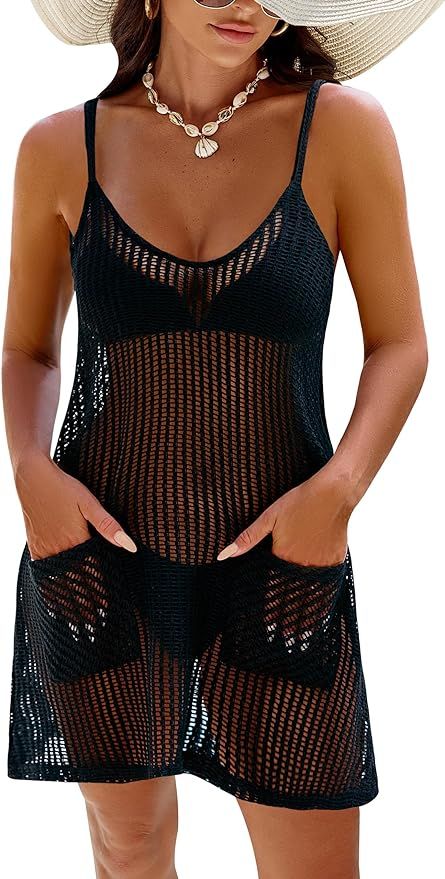 Blooming Jelly Womens Crochet Swimsuit Coverups Bathing Suit Swim Cover Up Spaghetti Straps Beach... | Amazon (US)