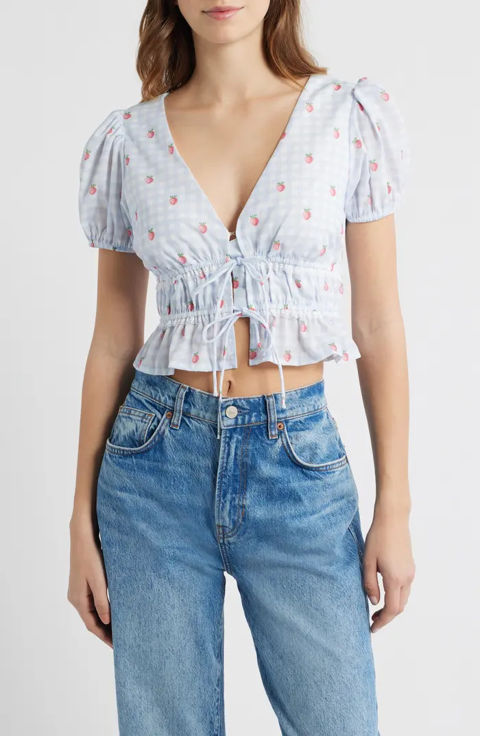All in Favor Gingham Strawberry Tie Front Crop Top | Nordstrom | Nordstrom