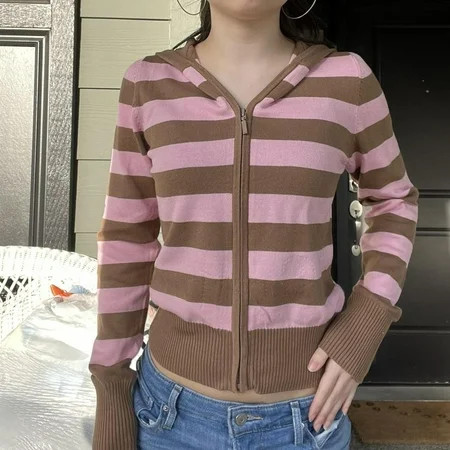 Women s Spring Knit Hoodies Stripe Print Zip Up Sweater Jacket | Walmart (US)