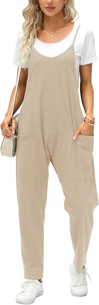 Fisoew Women's Summer Sleeveless Loose Casual V Neck Jumpsuits Spaghetti Strap Long Pants Baggy O... | Amazon (US)