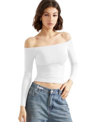 SUUKSESS Women Off The Shoulder Double Lined Long Sleeve Shirts Fitted Y2k Basic Going Out Tops (Snow White, XS) | Amazon (US)