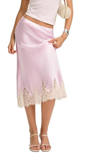 Women Satin Lace Trim Maxi Skirt Silk Lace Patchwork Silk High Waist Fall Midi Skirt Flowy Work Half Slip Long Skirt(Casual Pink,Medium) | Amazon (US)