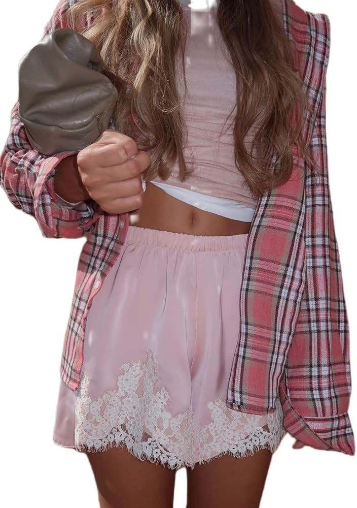 KMBANGI Women Lace Trim Satin Shorts Elastic Waist Lace Patchwork Silk French Knickers Coquette P... | Amazon (US)