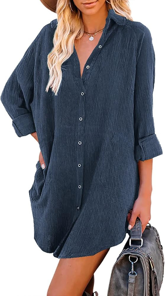 Astylish Women Casual Long Sleeve Button Down Oversized Corduroy Shirt Dress with Pocket | Amazon (US)