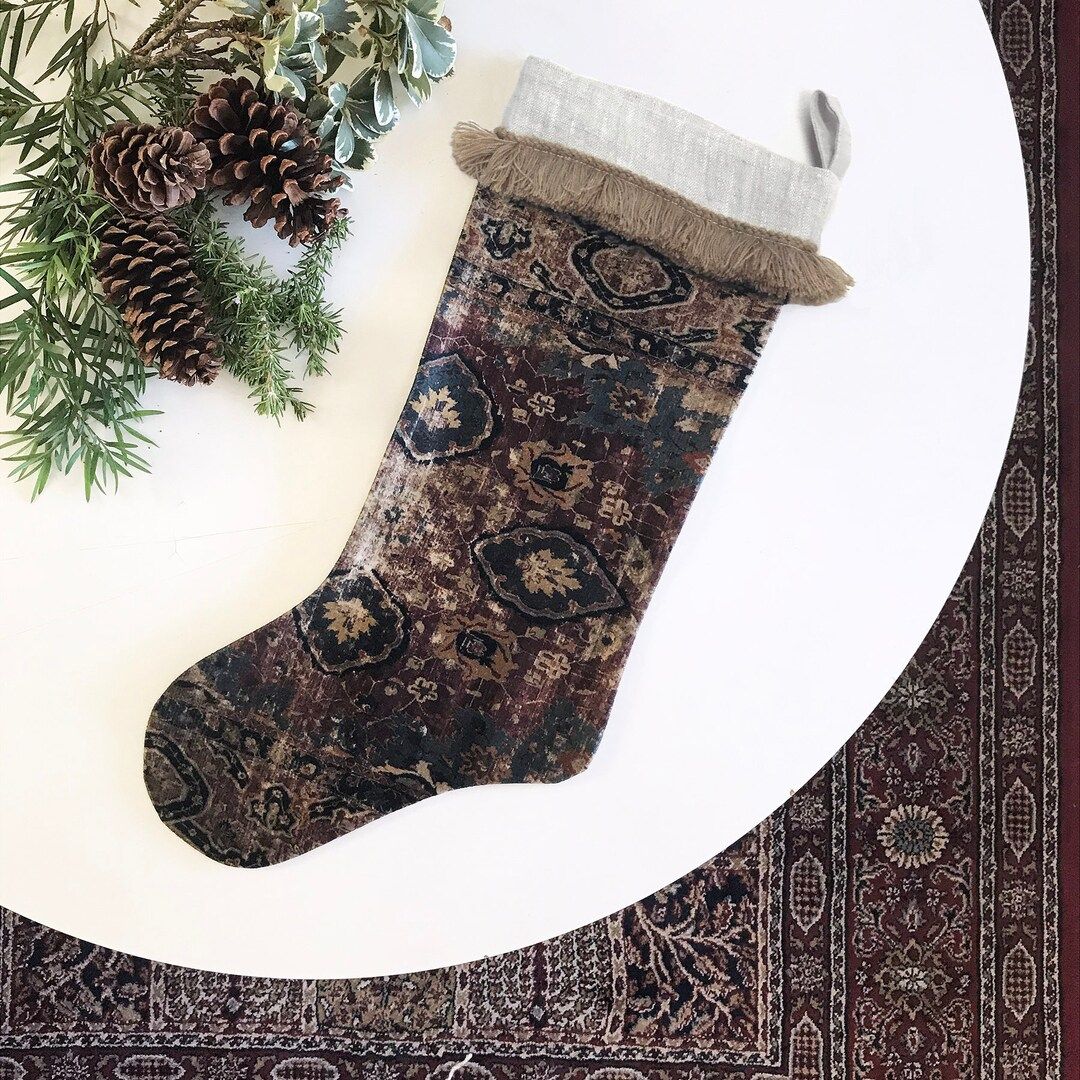 Printed Velvet Christmas Stocking - Fringe Trim, Custom Printed Rug Pattern Fabric Front, Washed ... | Etsy (US)