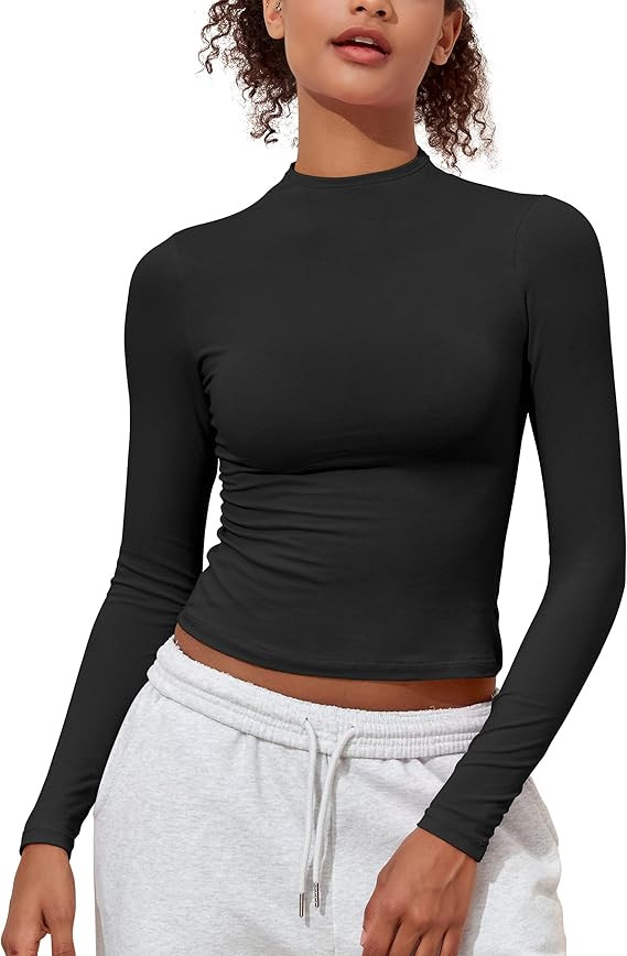 PrettyGuide Women's Cotton Long Sleeve Shirts Mock Neck Basic Tee Tight Fitted Fall Y2K Crop Top ... | Amazon (US)