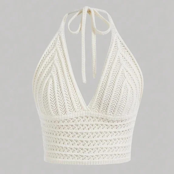 Women Lace Up Backless Crochet Crop Halter Top | Walmart (US)