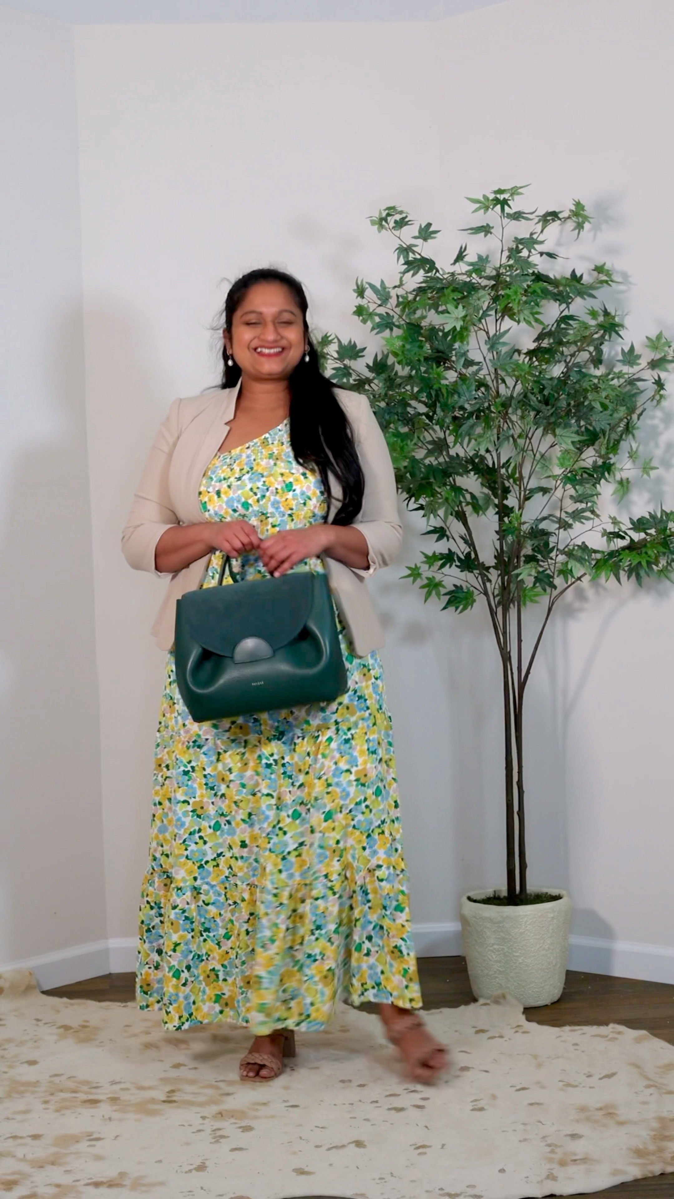 Styling the @amazonfashion shoulder floral dress for work. It's under $40 and I am wearing in size Medium. Fits TTS
@gibsonlook notch collar blazer in size M
@polene bag 

#LTKunder50 #LTKworkwear #LTKstyletip