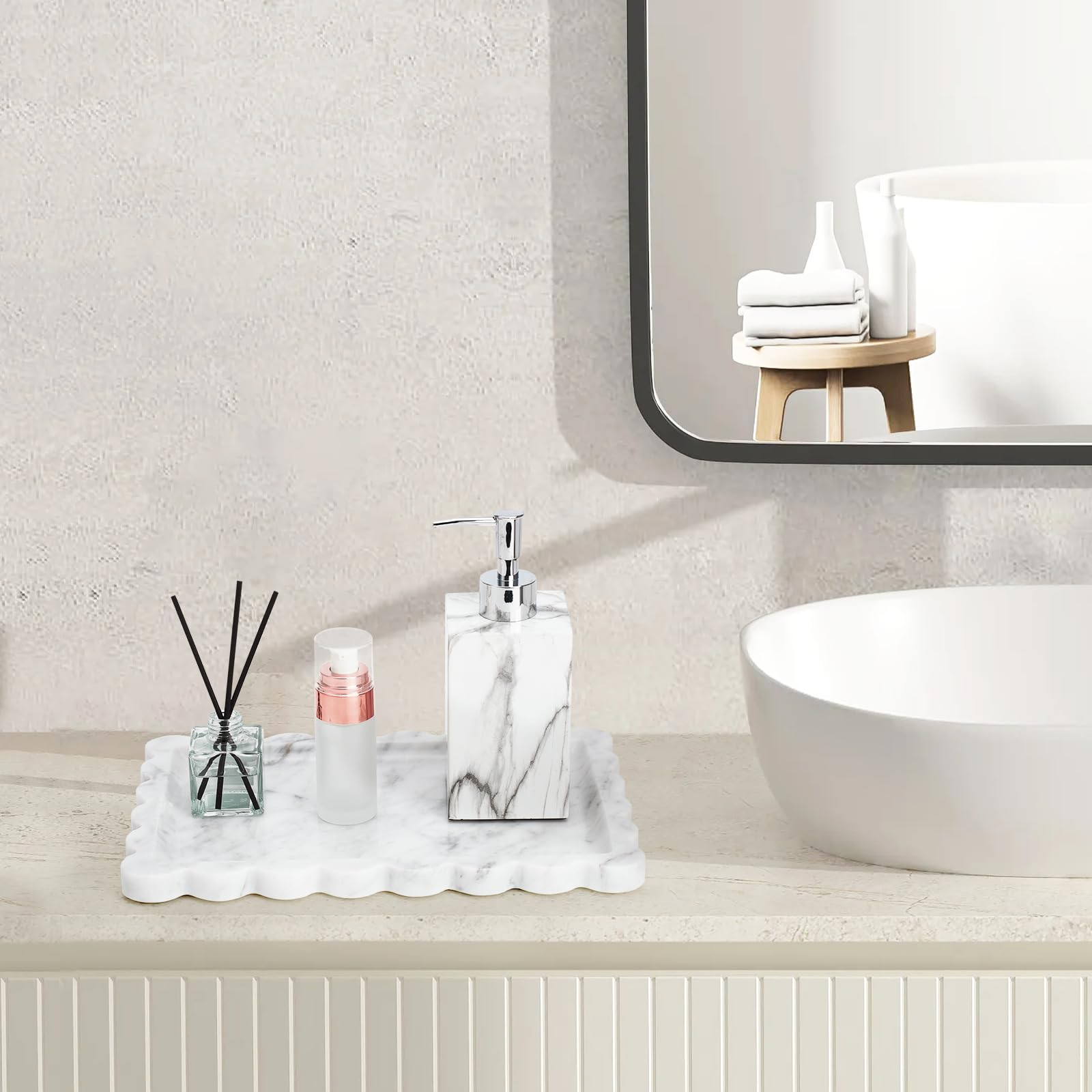 Real Natural Scalloped Marble Tray for Bathroom, Vanity, Kitchen and Desktop, Decorative Stone Tr... | Amazon (US)