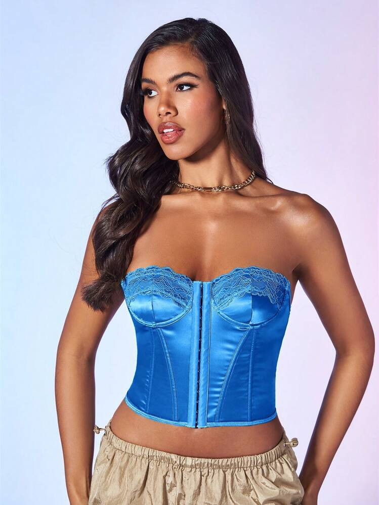 SHEIN BAE Lace Trim Hook And Eye Front Satin Tube Top | SHEIN