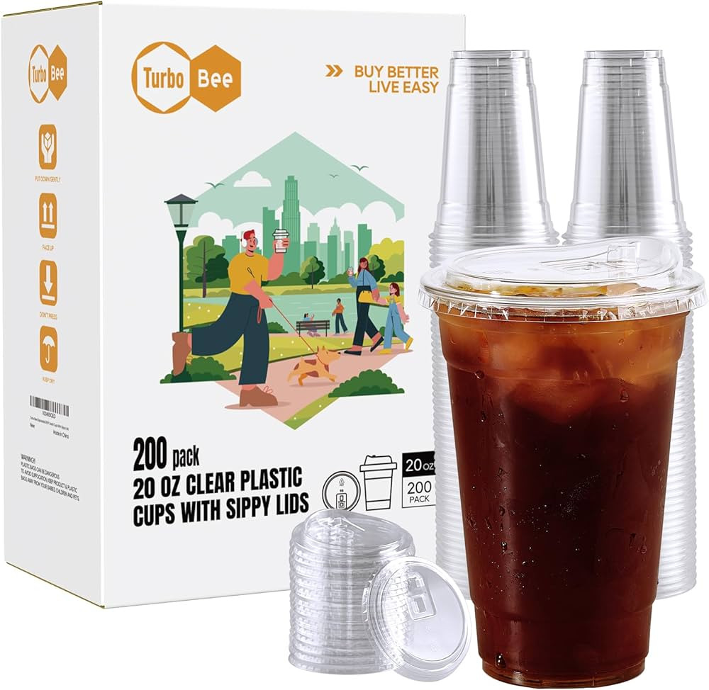 Turbo Bee 20 OZ 200 Sets Clear Plastic Cups with Strawless Sip Lids, To Go Crystal Clear Disposab... | Amazon (US)