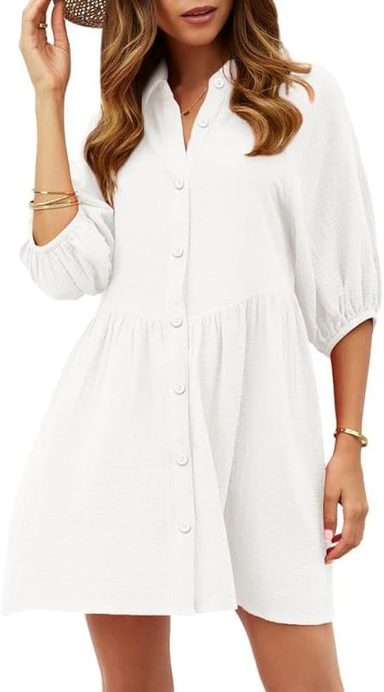 Dokotoo Women's Summer Dress V Neck 3/4 Puff Sleeve Button Down Cotton Shirts Dresses | Amazon (US)