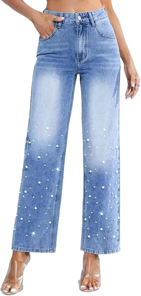 Pearl Jeans for Women High Waisted Straight Wide Leg Denim Pants Casual Baggy Boyfriend Trousers | Amazon (US)