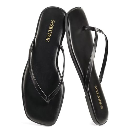 SKETOE Flip Flops for Women Square Toe Flat Sandals for Women Comfortable Thong Sandals Leather Flip Flops Lightweight Summer Beach Sandals Dressy Vacation Essentials Slides, Black | Amazon (US)