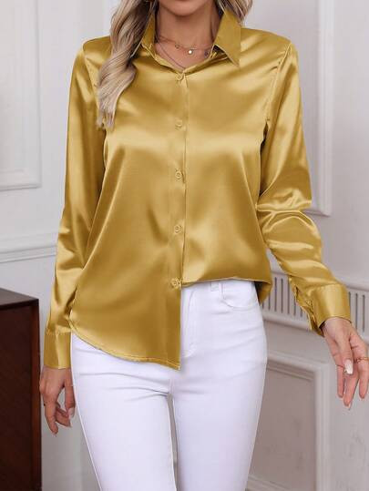 Plus Size Women Elegant Poplin Shirt, Classic Solid Color Soft Comfortable Single-Breasted Long S... | SHEIN