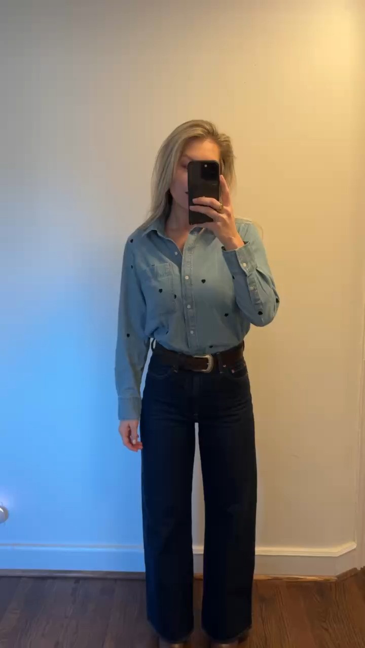 Loving this blue heart embroidered denim top mixed with brown lately. I'm wearing a size small in the top!  

 #LTKgrwm #LTKootd #LTKSeasonal