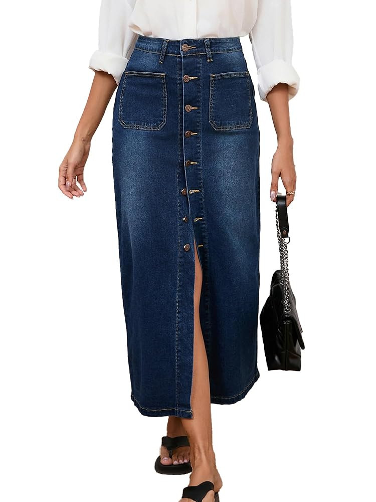 Jean Skirt for Women Denim Skirt High Waist Stretch Midi Denim Skirts with Pockets | Amazon (US)