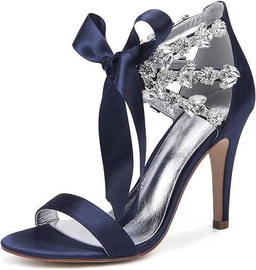 LLBubble Women High Heels Satin Rhinestone Wedding Bridal Sandals Open Toe Ankle Strap Prom Eveni... | Amazon (US)