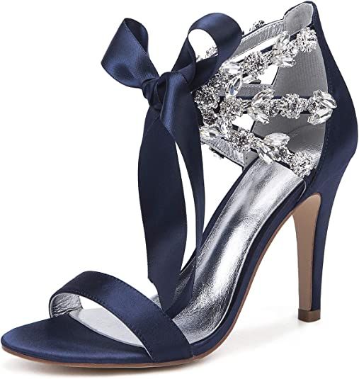 LLBubble Women High Heels Satin Rhinestone Wedding Bridal Sandals Open Toe Ankle Strap Prom Eveni... | Amazon (US)