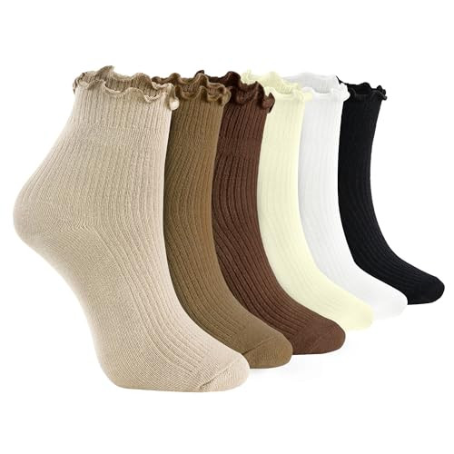 HENGRUI Ruffle Socks Women,Cotton Soft Frilly Socks for Women Girl Casual Cute Ankle Sock Lettuce Edge Crew Sock 6 Pairs One Size 5-9,Mixed Neutral Color | Amazon (US)