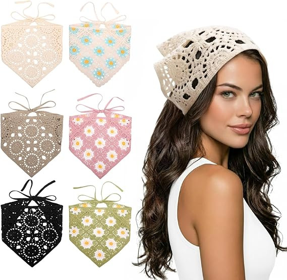 JATEBI 6 Pieces Hair Bandanas Crochet, Knit Head Scarf Bandana Vintage Headband Scarf Tie-Back Fl... | Amazon (US)