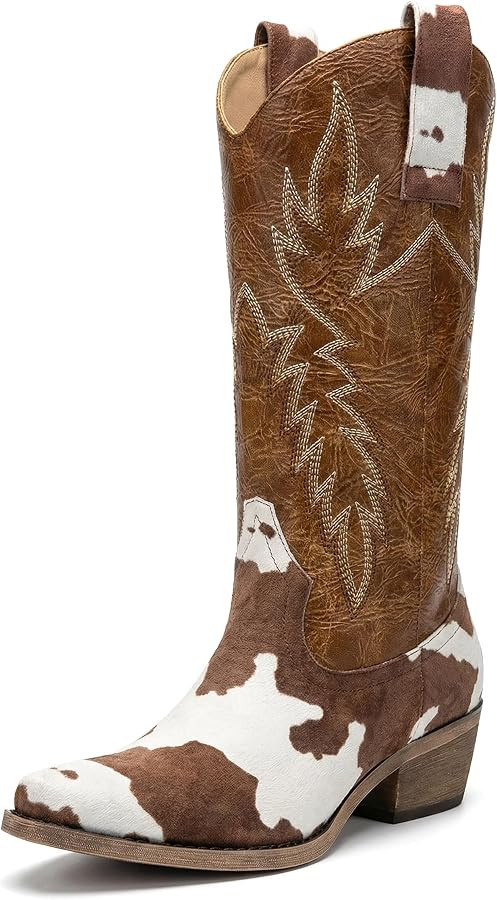 Cow Print Cowboy Boots for Women, Knee-High Western Cowgirl Boots with Pointed Toe and Low Heel | Amazon (US)