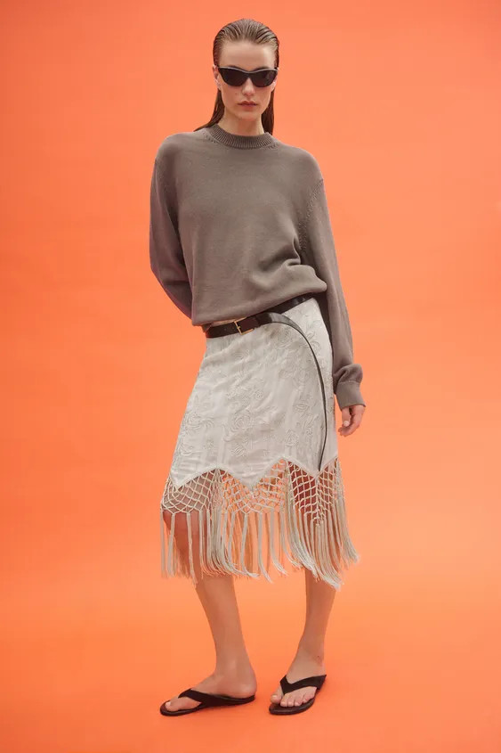 ZW COLLECTION EMBROIDERED FRINGED SKIRT | Zara US
