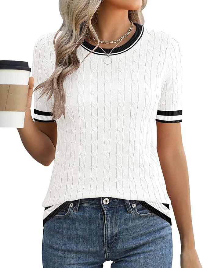 Micoson Womens Short Sleeve Cable Knit Sweater Tops Crewneck Lightweight Spring Summer Shirts Bus... | Amazon (US)