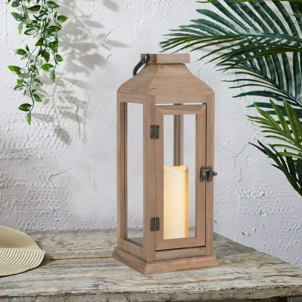 Better Homes & Gardens Decorative Natural Wood and Glass Battery Operated Outdoor Lantern with Re... | Walmart (US)