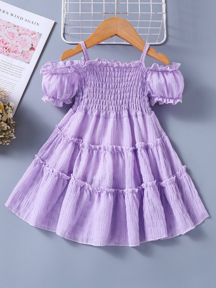 SHEIN Young Girl Cold Shoulder Shirred A-Line Dress | SHEIN USA | SHEIN